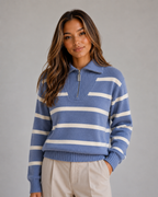 Striped Half-Zip Knitted Jumper – Relaxed Collar Knit