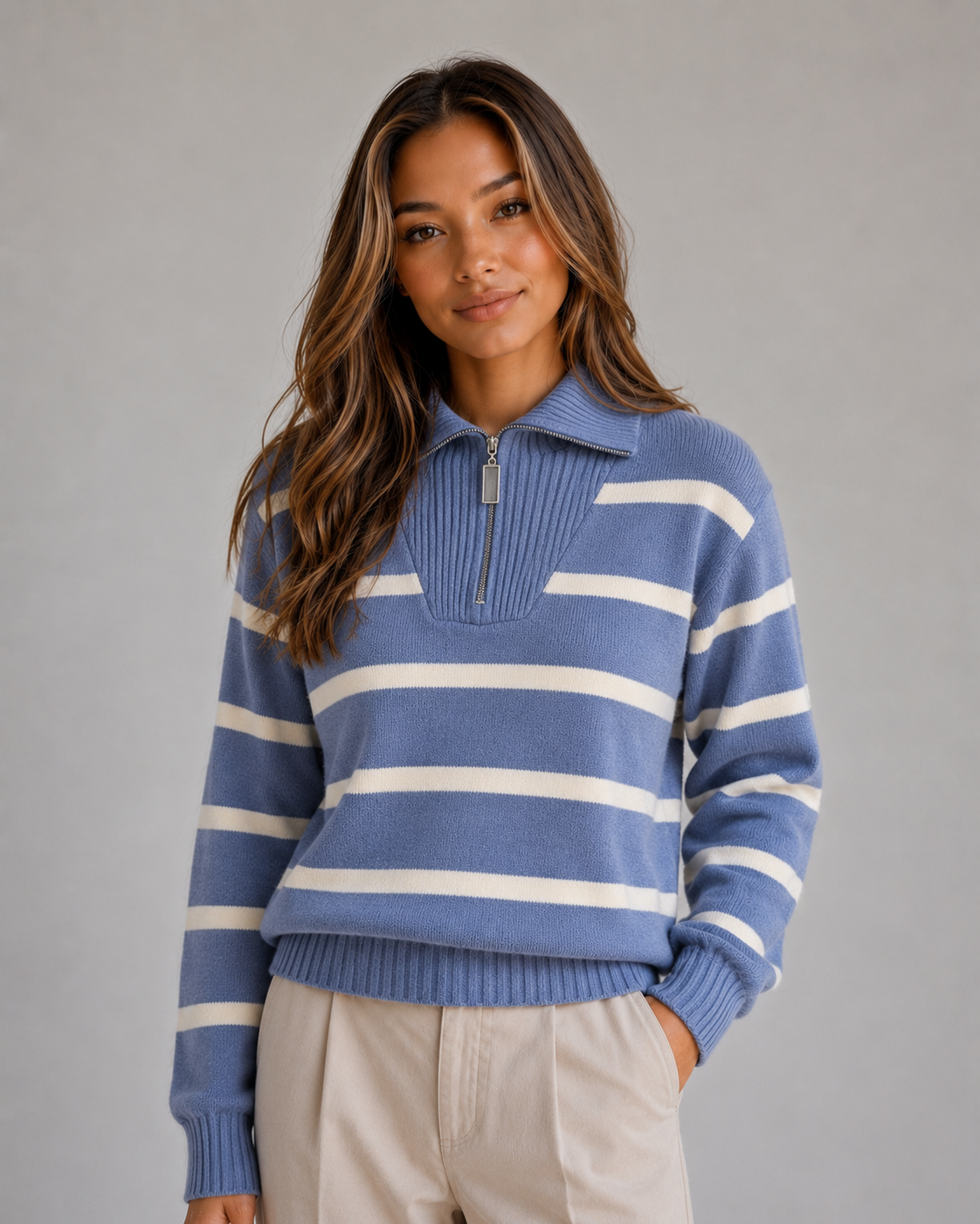 Striped Half-Zip Knitted Jumper – Relaxed Collar Knit