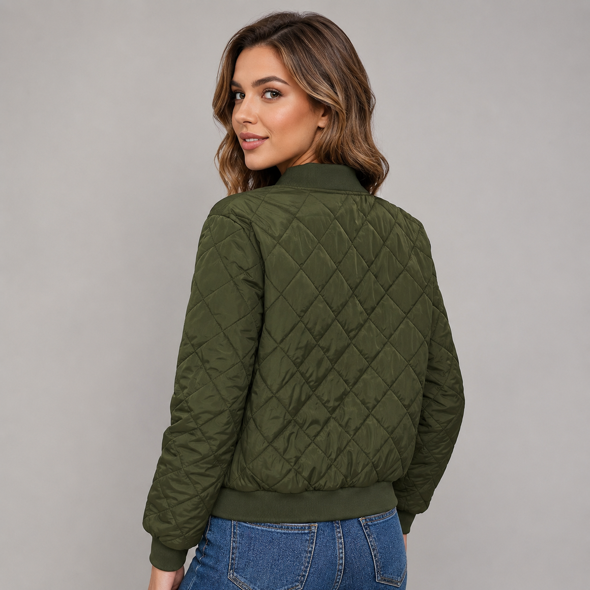 Cropped Diamond Quilted Bomber Jacket