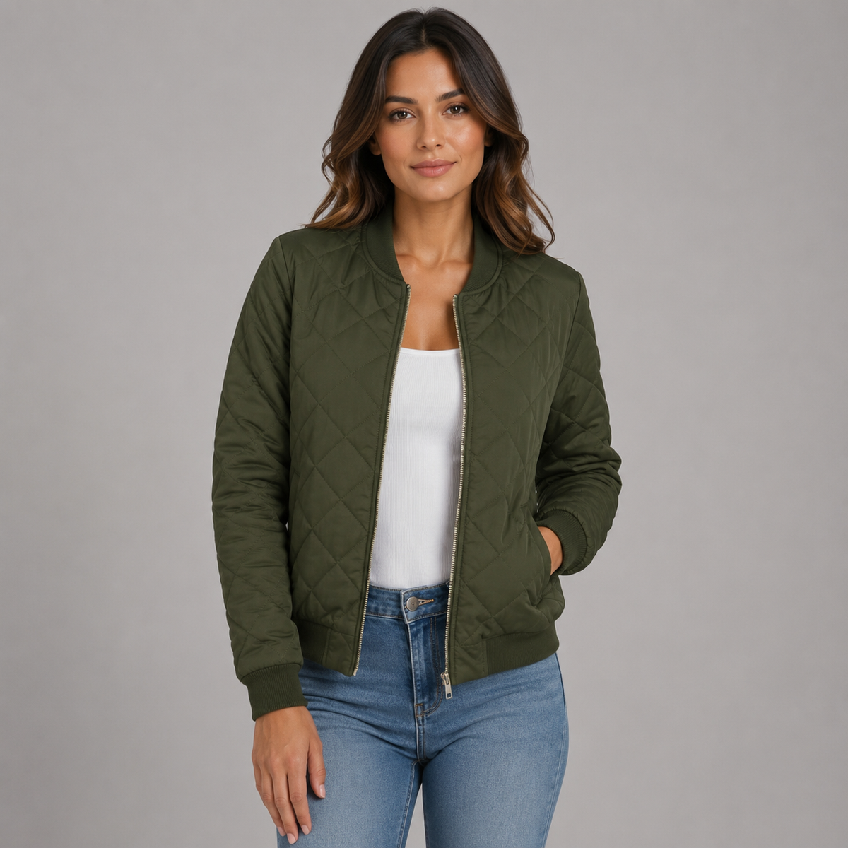 Cropped Diamond Quilted Bomber Jacket