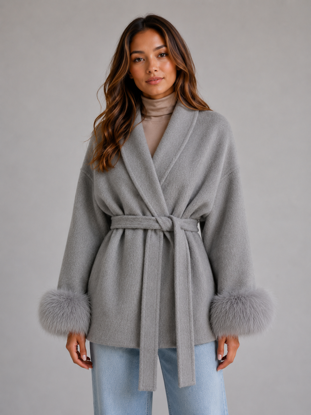 Belted Wool Blend Coat – Faux Fur Trim Wrap Coat