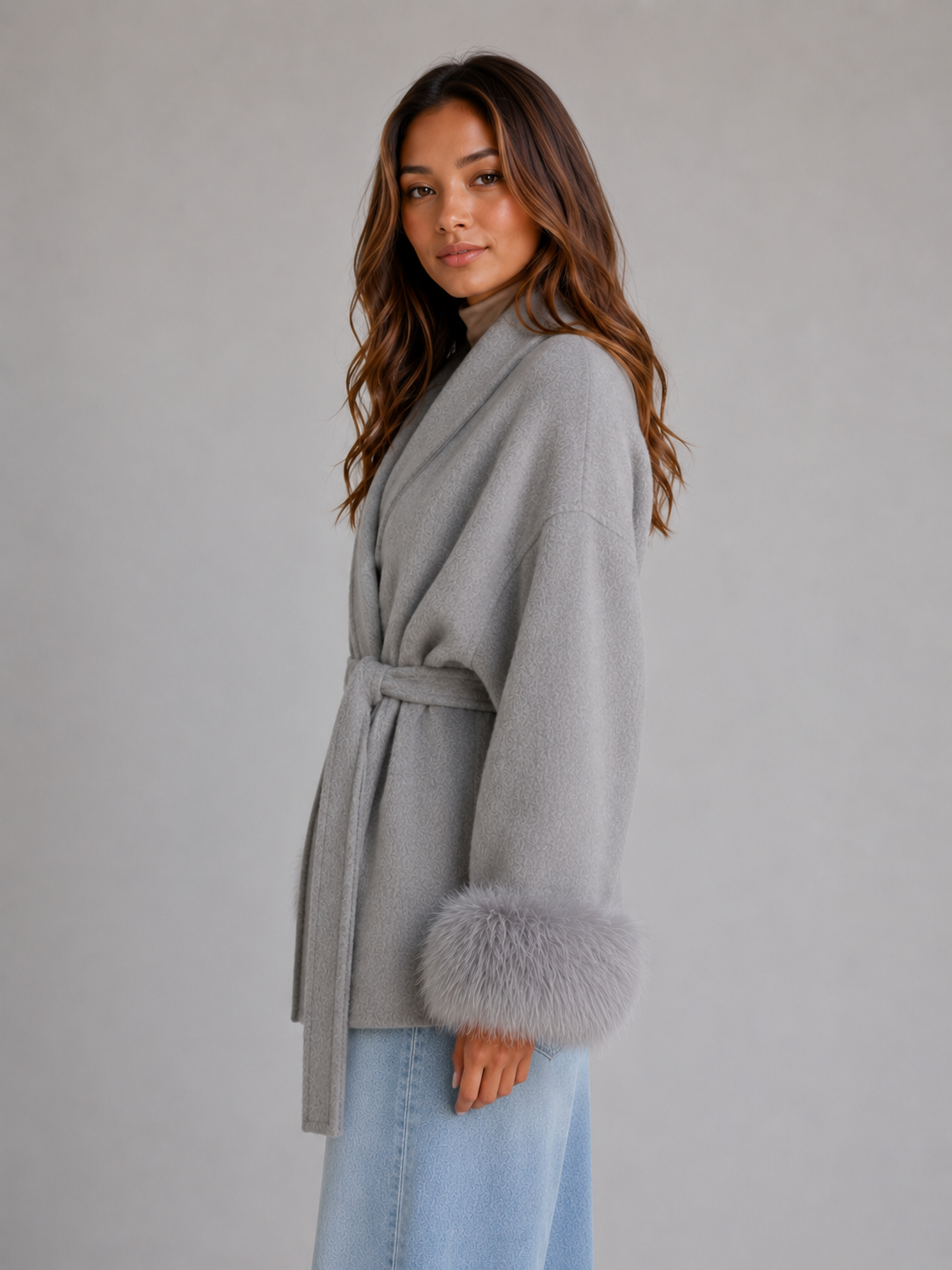 Belted Wool Blend Coat – Faux Fur Trim Wrap Coat