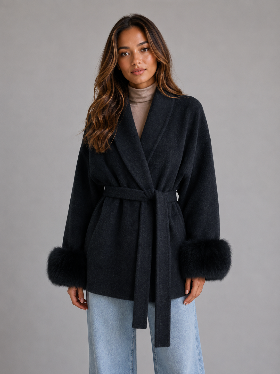 Belted Wool Blend Coat – Faux Fur Trim Wrap Coat