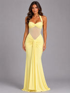 Halter Mesh Ruched Maxi Dress