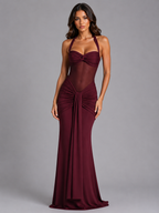 Halter Mesh Ruched Maxi Dress