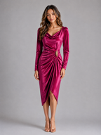 Velvet Ruched Midi Dress with Gold-Tone Waist Detail – Long Sleeve Style