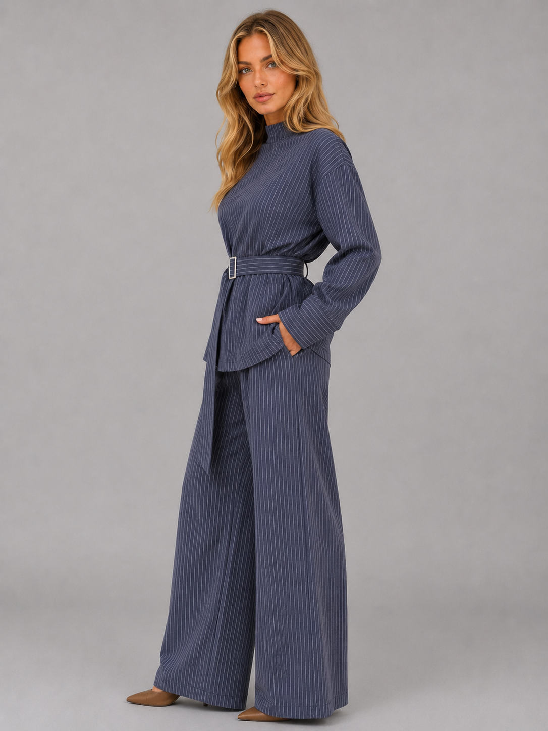 Pinstripe Two-Piece Set – High Neck Top & Wide Leg Trousers