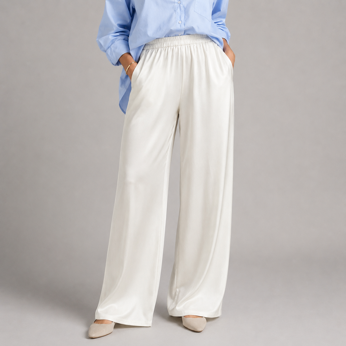 Satin-Look Wide Leg Trousers with High Waist