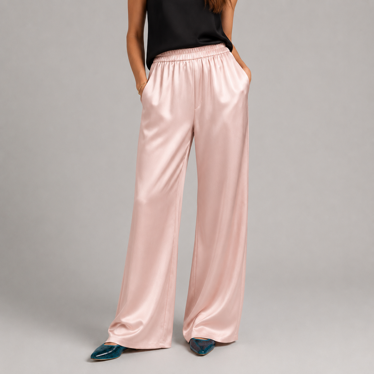 Satin-Look Wide Leg Trousers with High Waist