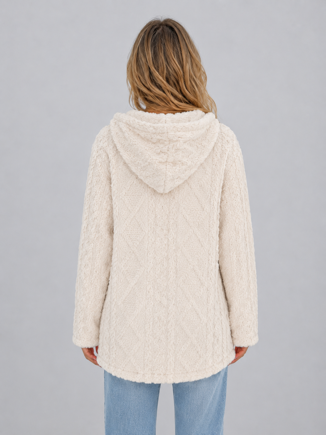 Hooded Teddy Fleece Cardigan – Soft Plush Button Jacket