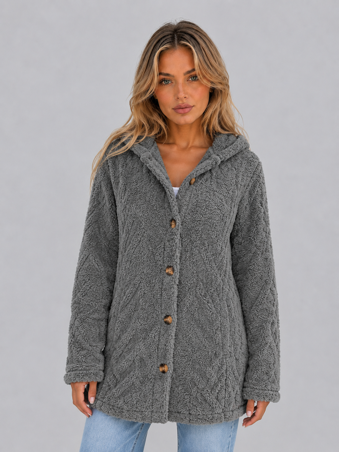 Hooded Teddy Fleece Cardigan – Soft Plush Button Jacket