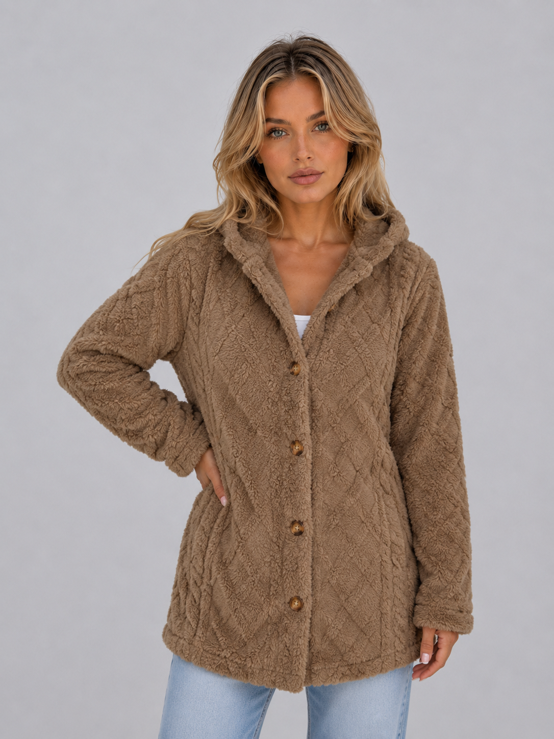 Hooded Teddy Fleece Cardigan – Soft Plush Button Jacket