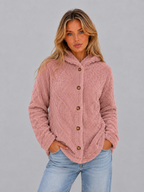 Hooded Teddy Fleece Cardigan – Soft Plush Button Jacket