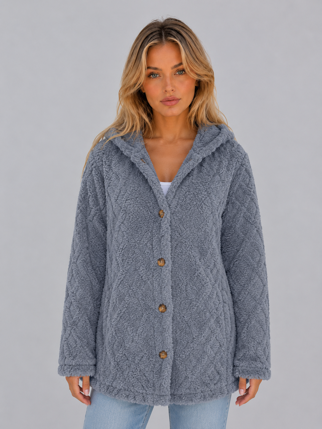 Hooded Teddy Fleece Cardigan – Soft Plush Button Jacket