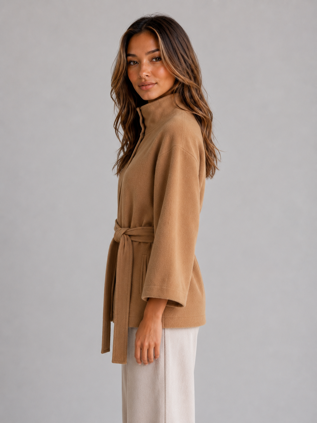 Belted Cape Jacket – Stand Collar Wrap Coat