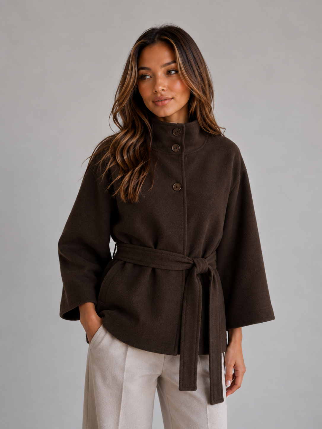 Belted Cape Jacket – Stand Collar Wrap Coat