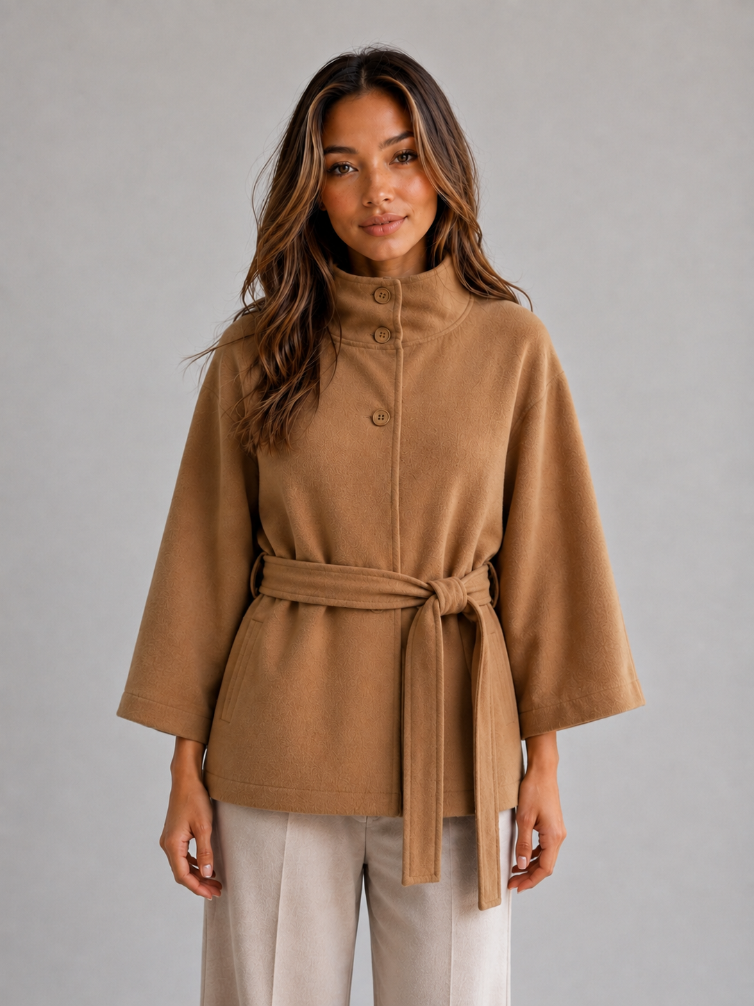 Belted Cape Jacket – Stand Collar Wrap Coat