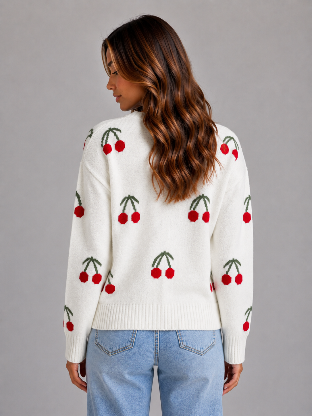 Cherry Print Cardigan – V-Neck Button Front Knit