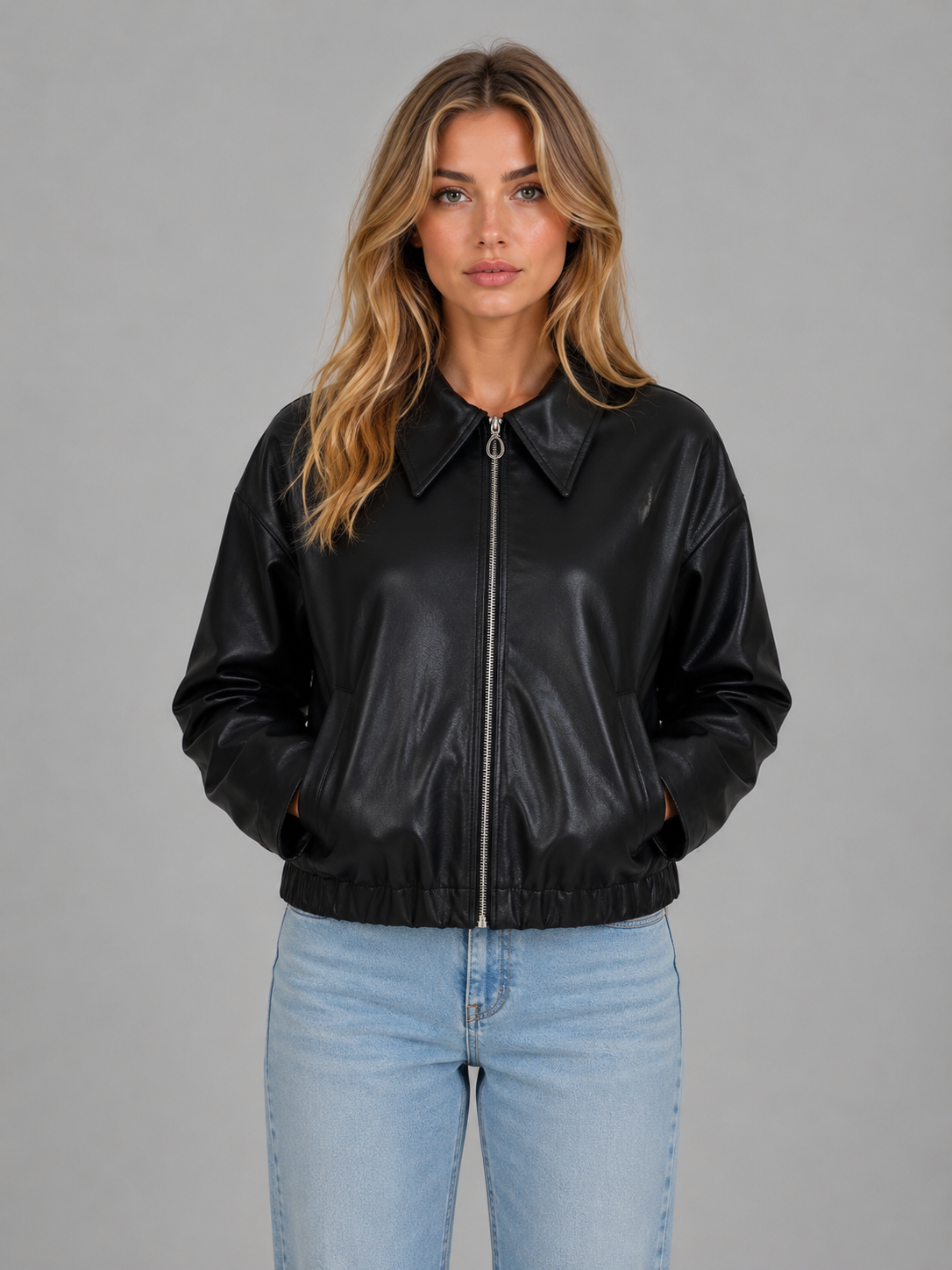 Zip Leather Jacket with Pockets – Relaxed Cropped Fit