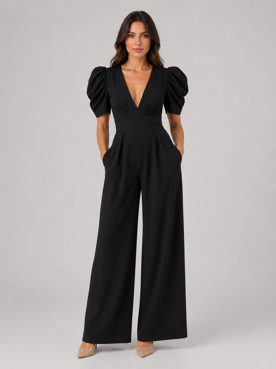 Women's Puff Sleeve Wide Leg Jumpsuit