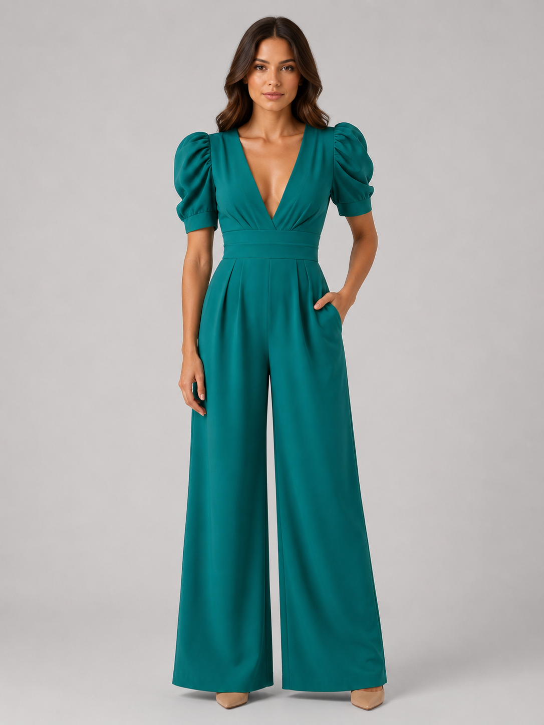 Women's Puff Sleeve Wide Leg Jumpsuit