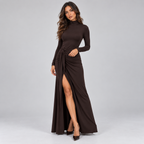 High Neck Ruched Split Maxi Evening Dress