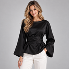 Blouse Satin-Look Tie Waist Long Sleeve