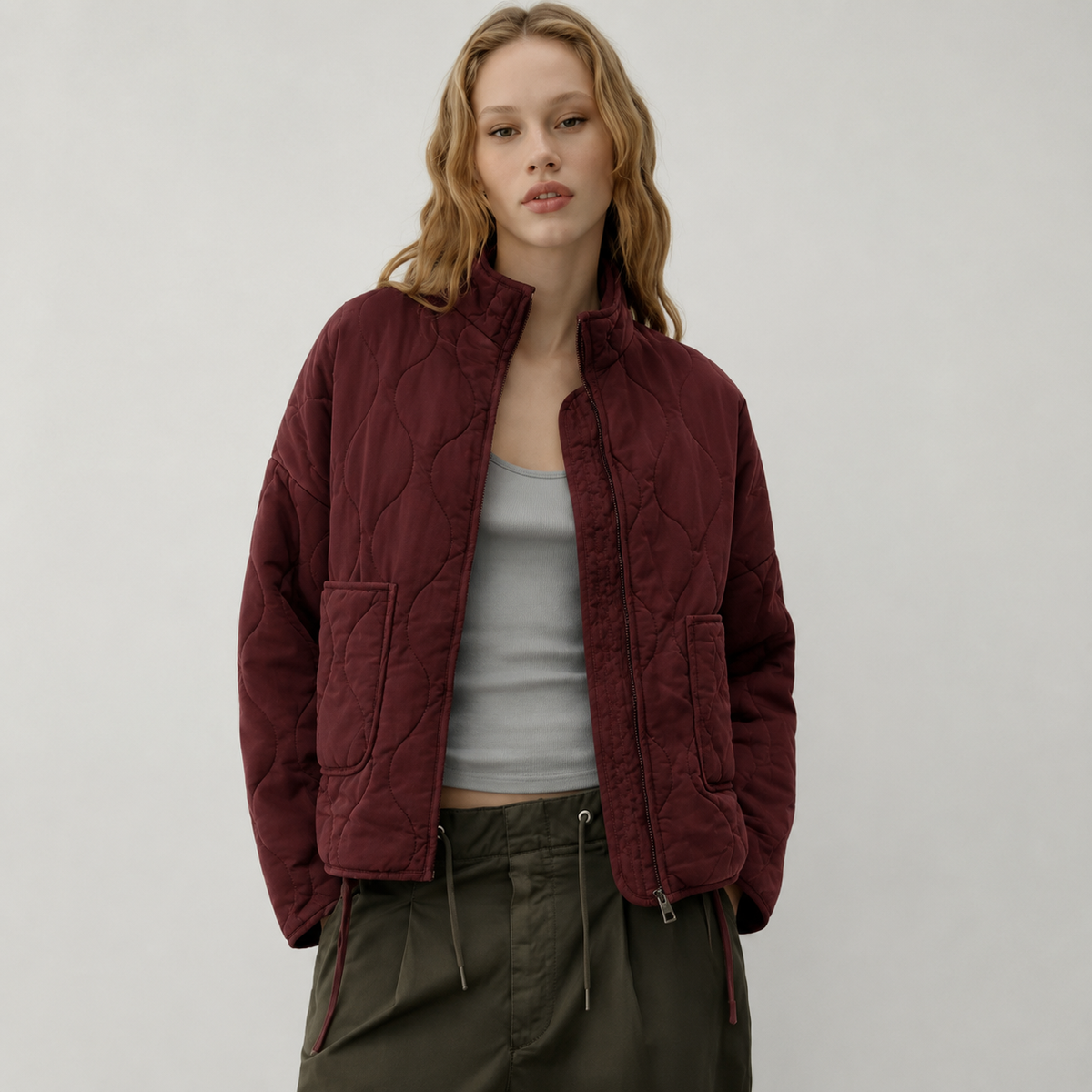Quilted Jacket with High Collar and Patch Pockets
