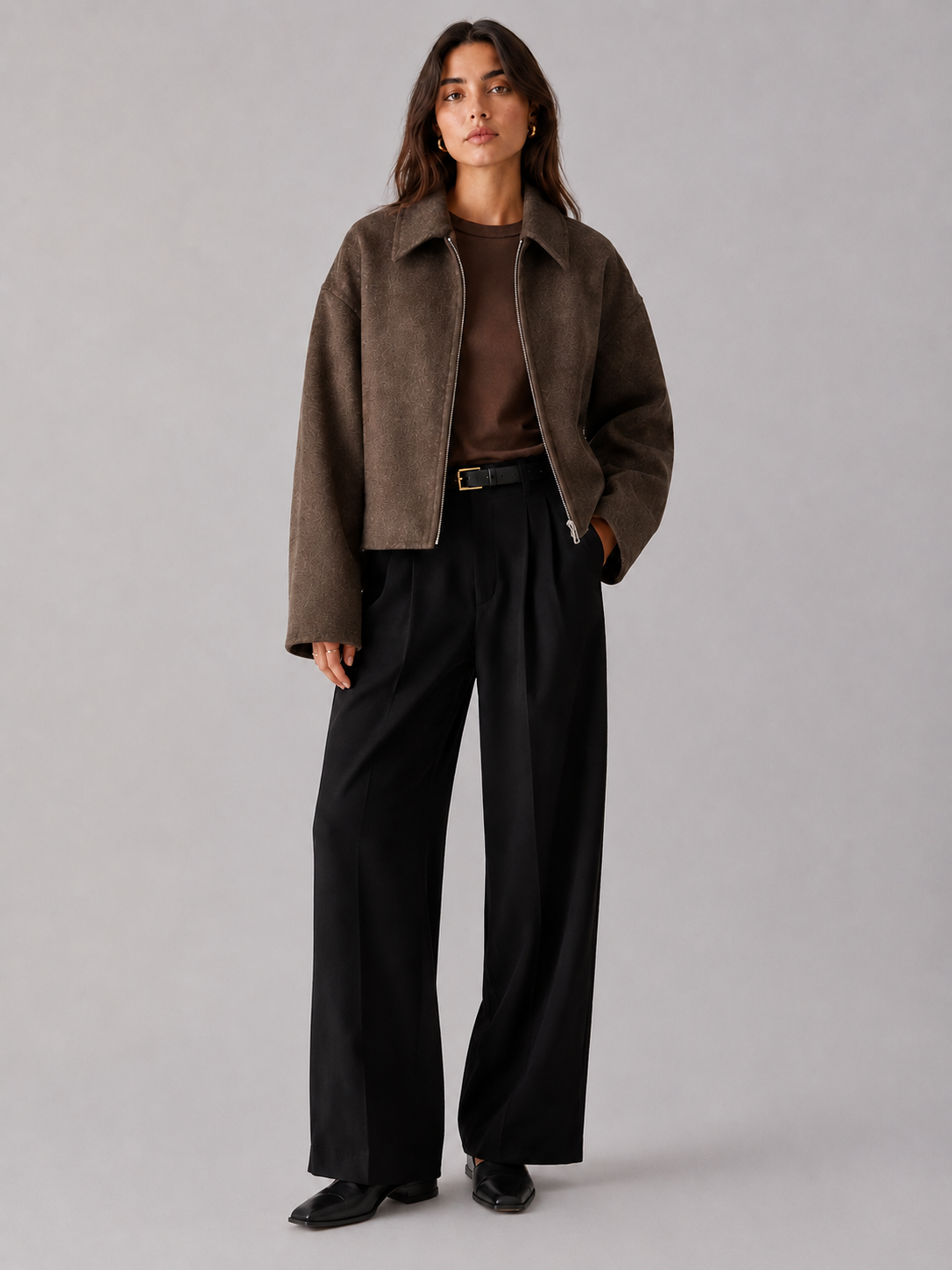 Brown Cropped Oversized Wool Jacket