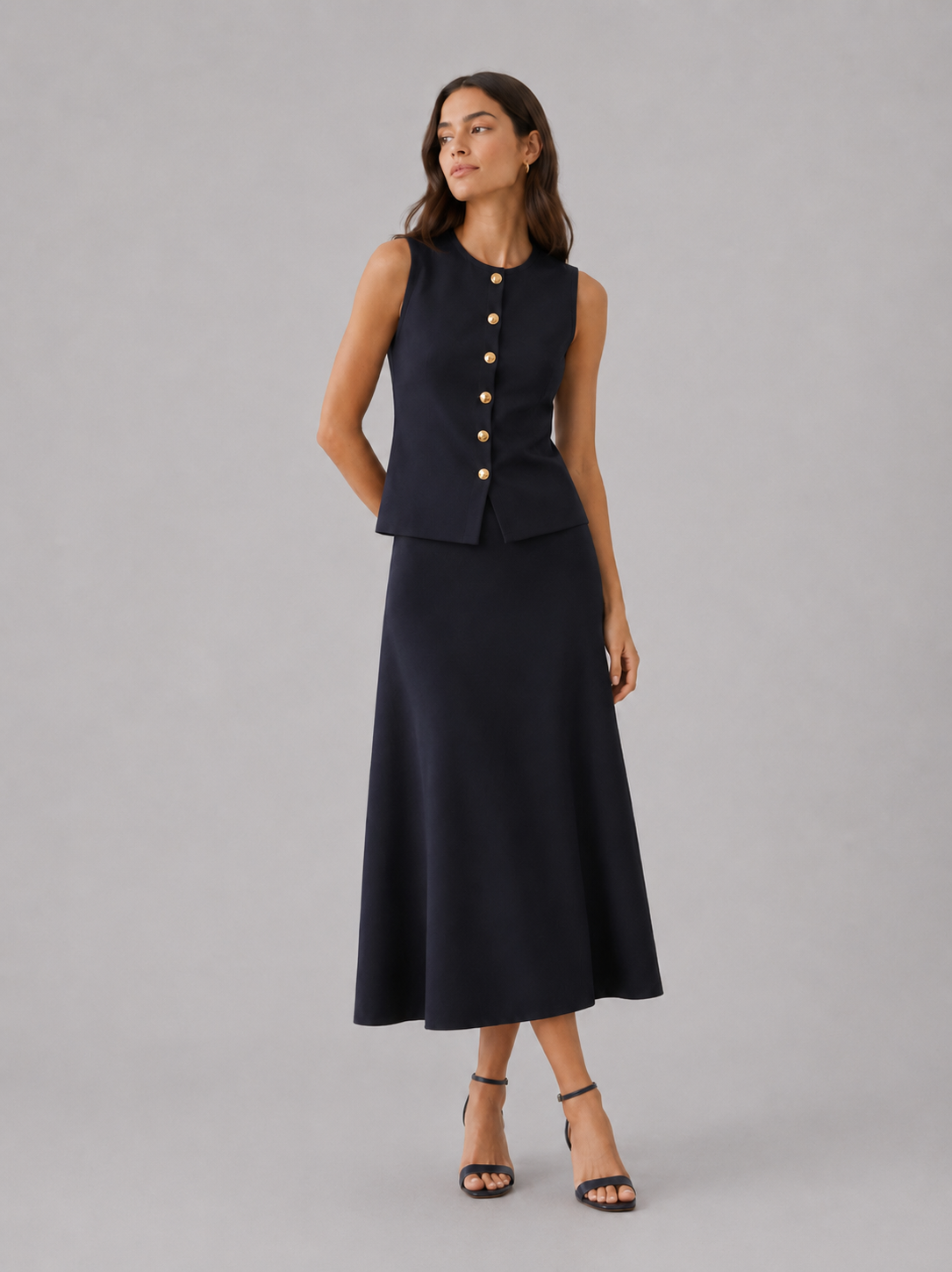 Vest and Midi Skirt Set – Sleeveless Knit, Slim Fit