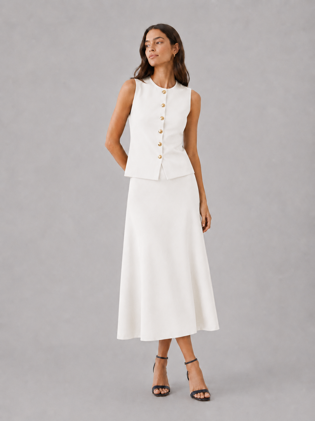 Vest and Midi Skirt Set – Sleeveless Knit, Slim Fit