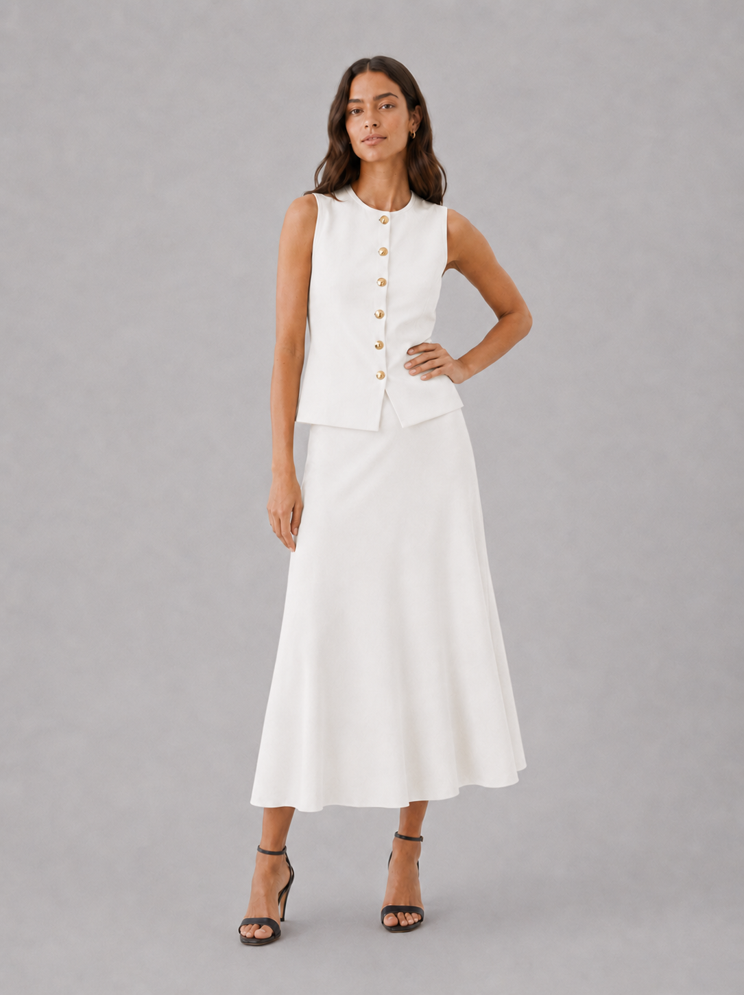 Vest and Midi Skirt Set – Sleeveless Knit, Slim Fit