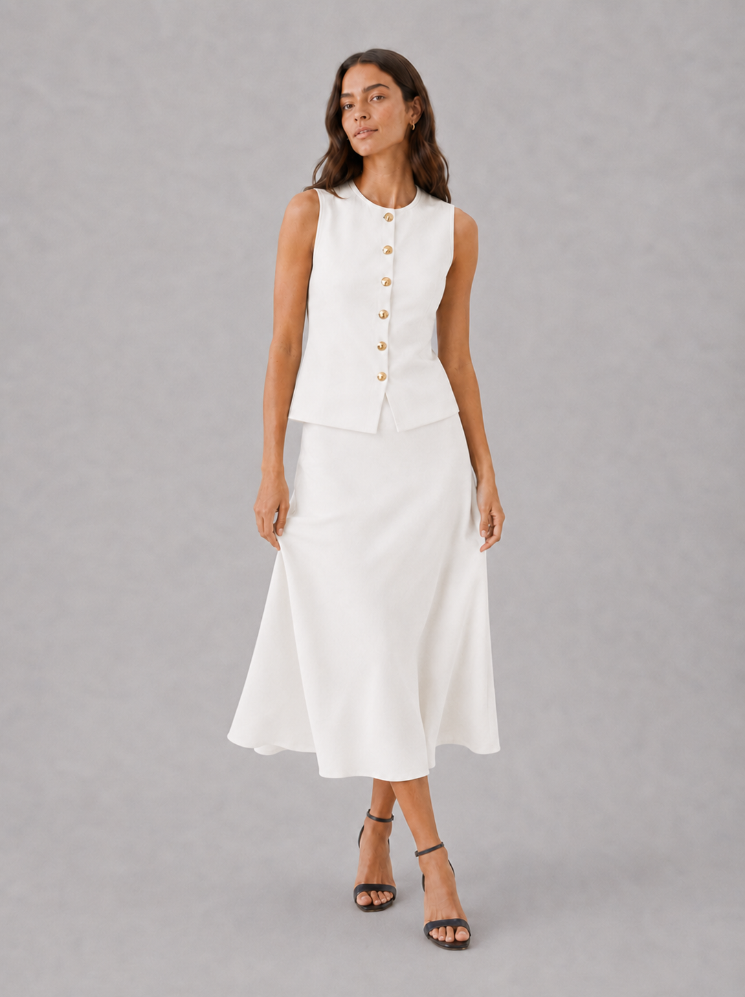 Vest and Midi Skirt Set – Sleeveless Knit, Slim Fit