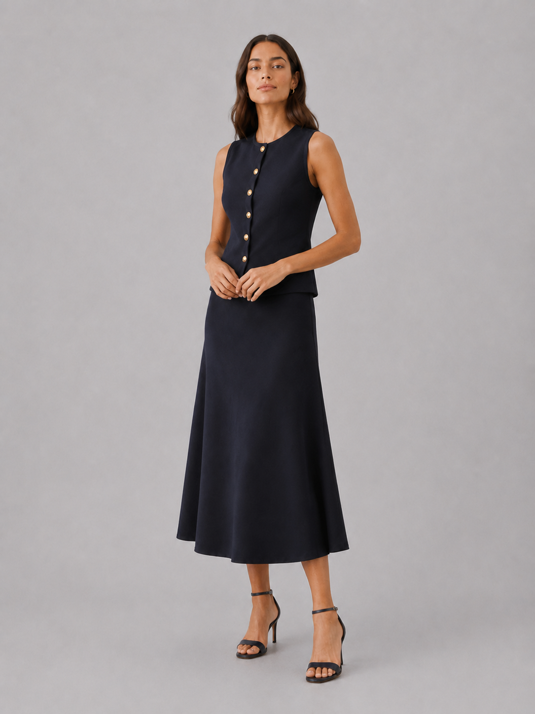 Vest and Midi Skirt Set – Sleeveless Knit, Slim Fit