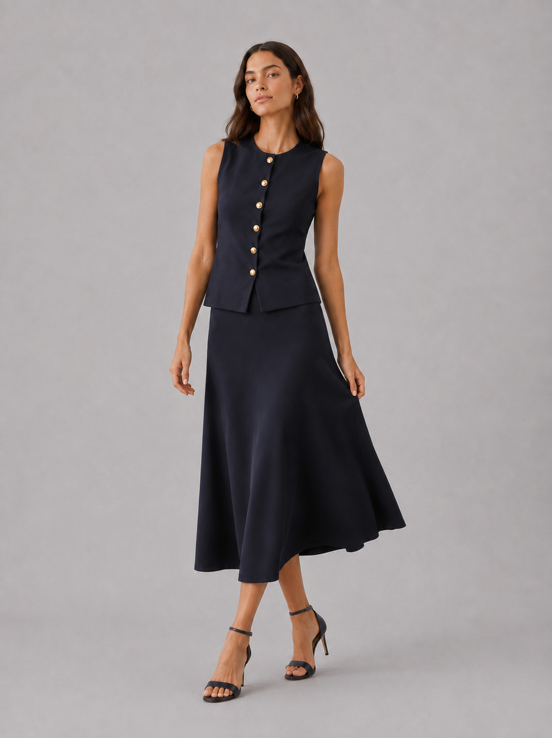 Vest and Midi Skirt Set – Sleeveless Knit, Slim Fit