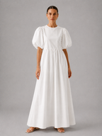 White Cotton Puff Sleeve Maxi Dress