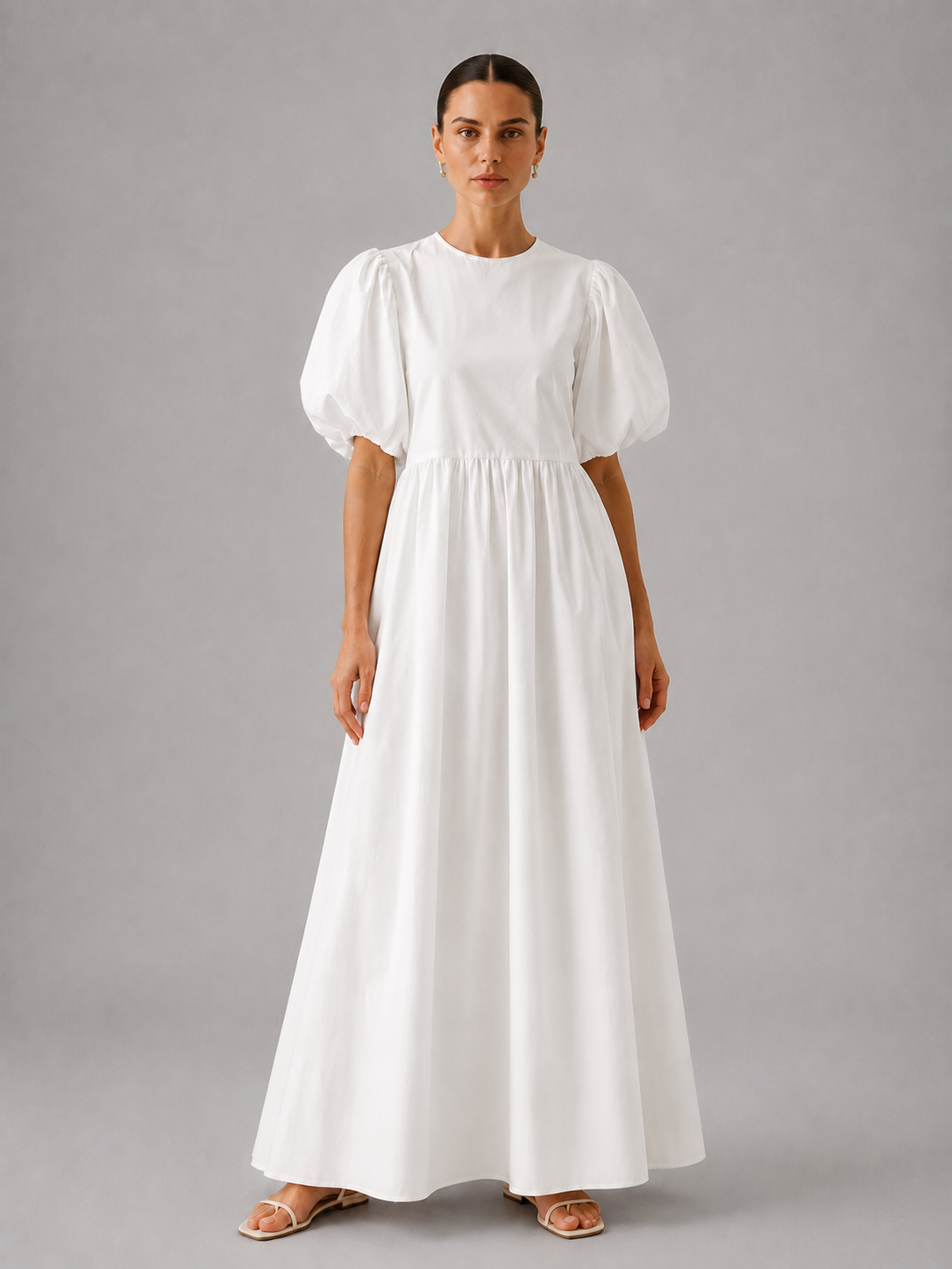 White Cotton Puff Sleeve Maxi Dress