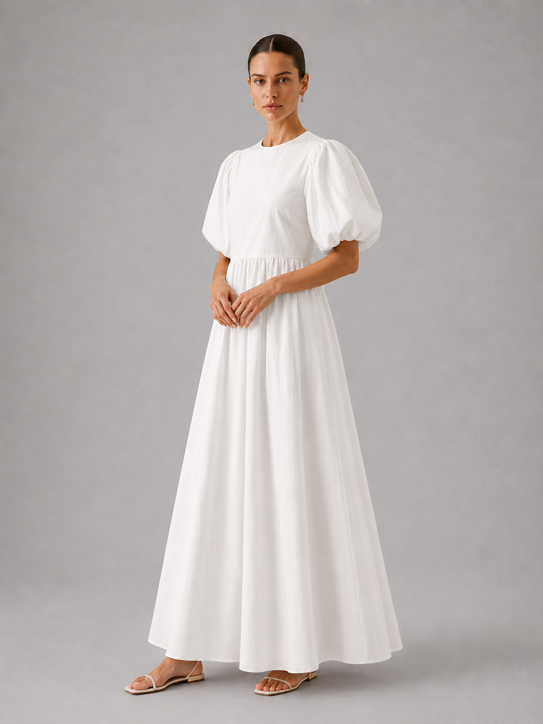 White Cotton Puff Sleeve Maxi Dress