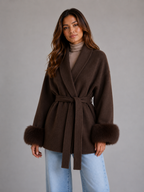 Belted Wool Blend Coat – Faux Fur Trim Wrap Coat
