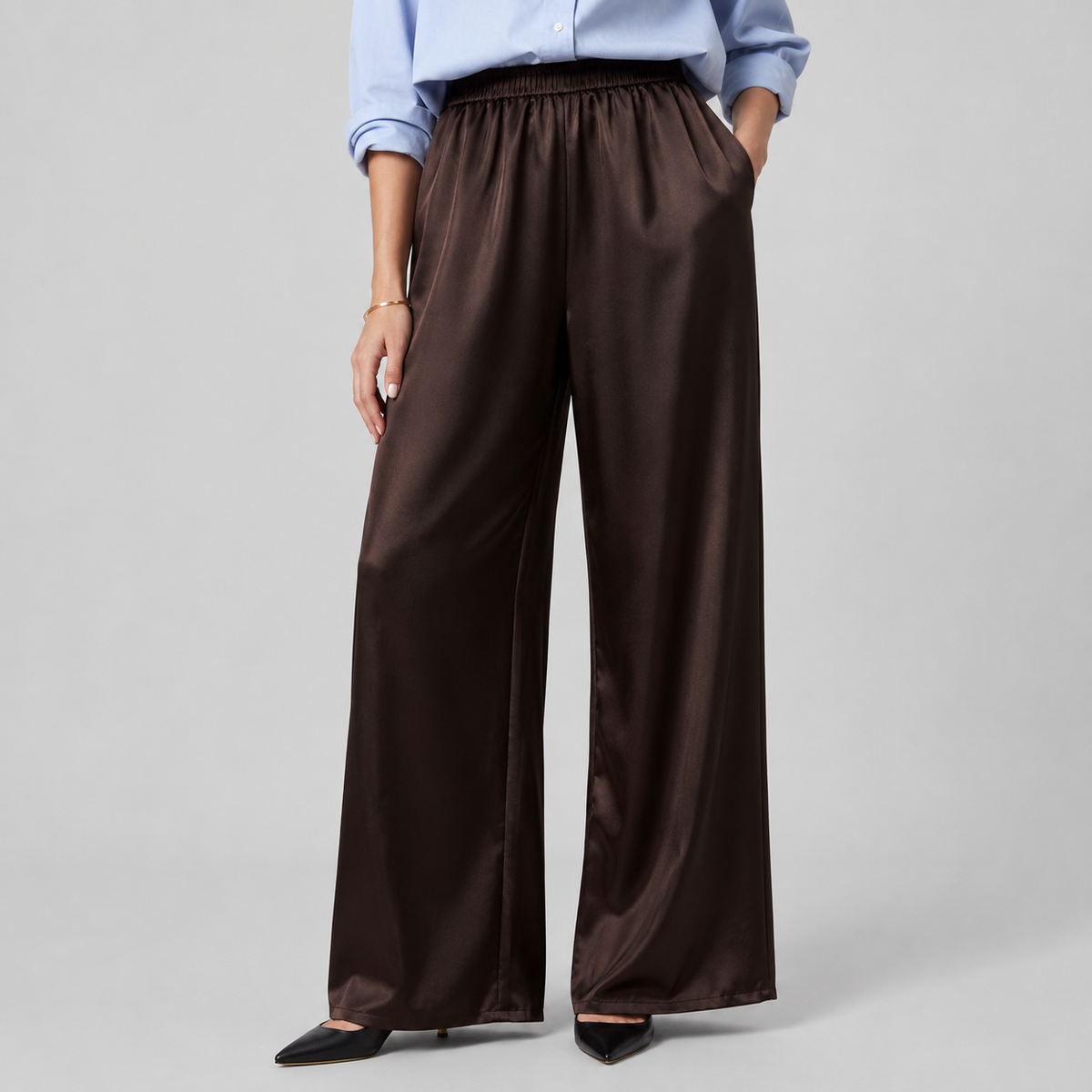 Satin-Look Wide Leg Trousers with High Waist