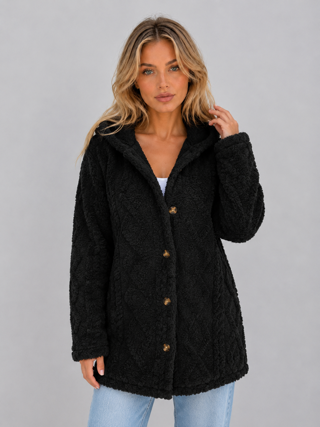 Hooded Teddy Fleece Cardigan – Soft Plush Button Jacket