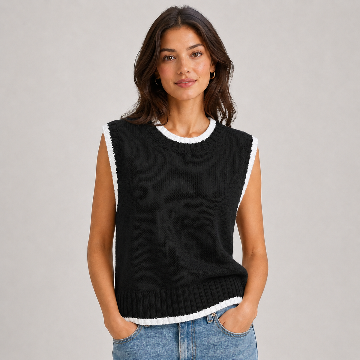 Sweater Vest Contrast Trim Round Neck