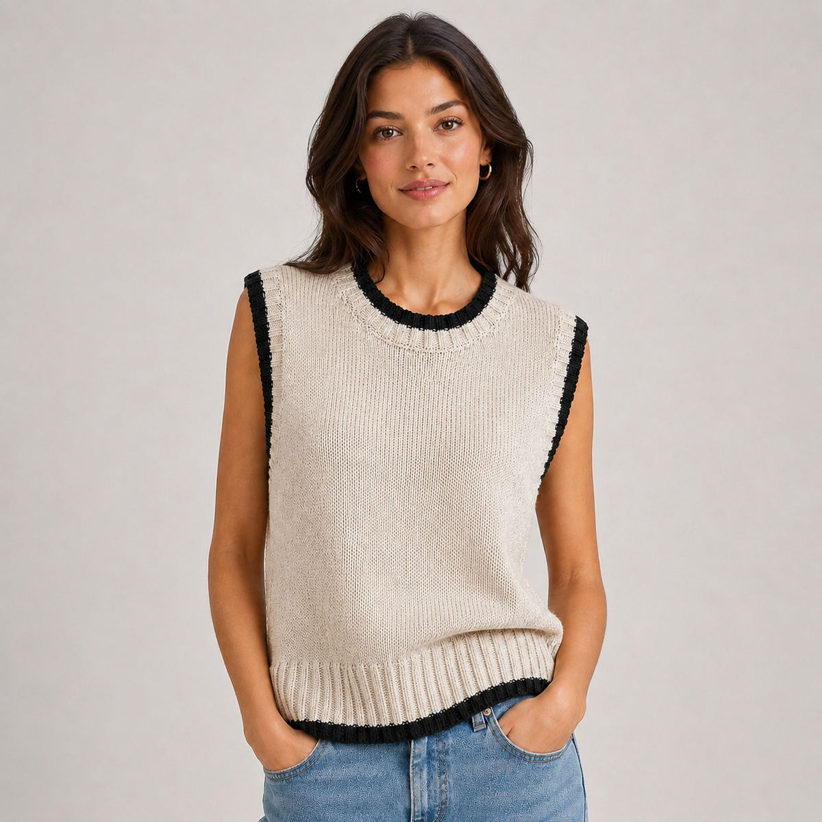 Sweater Vest Contrast Trim Round Neck