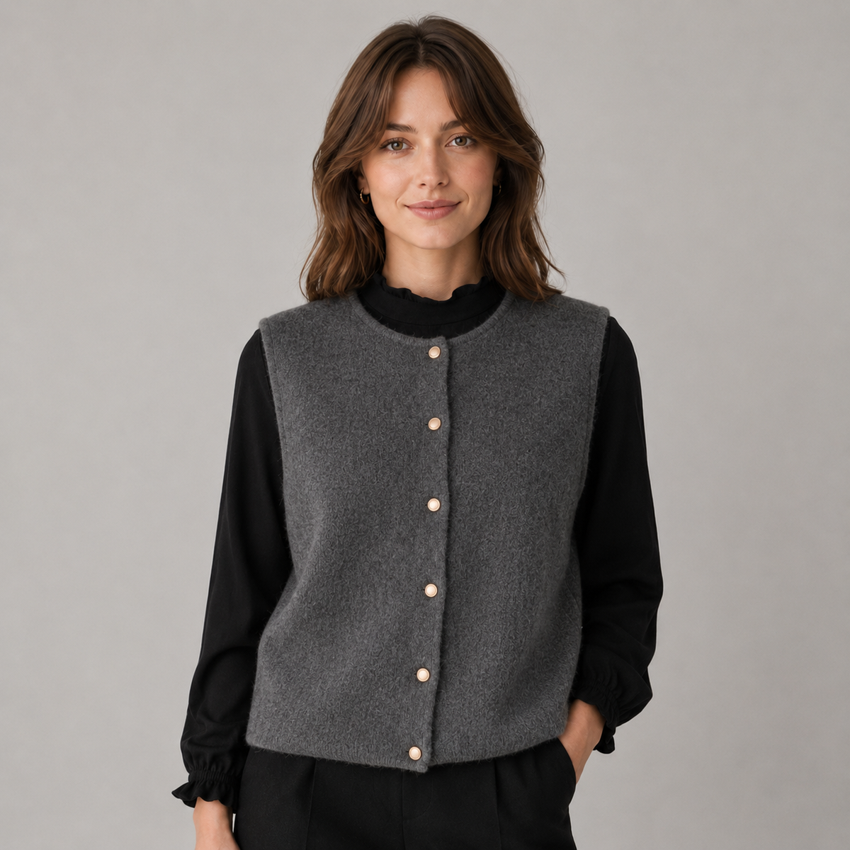 Sweater Vest Button Front Round Neck