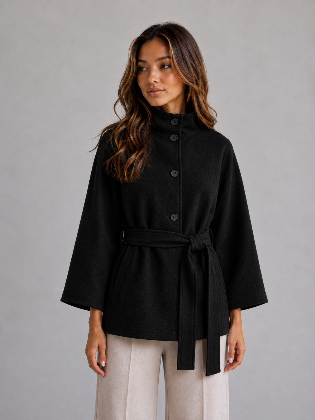 Belted Cape Jacket – Stand Collar Wrap Coat