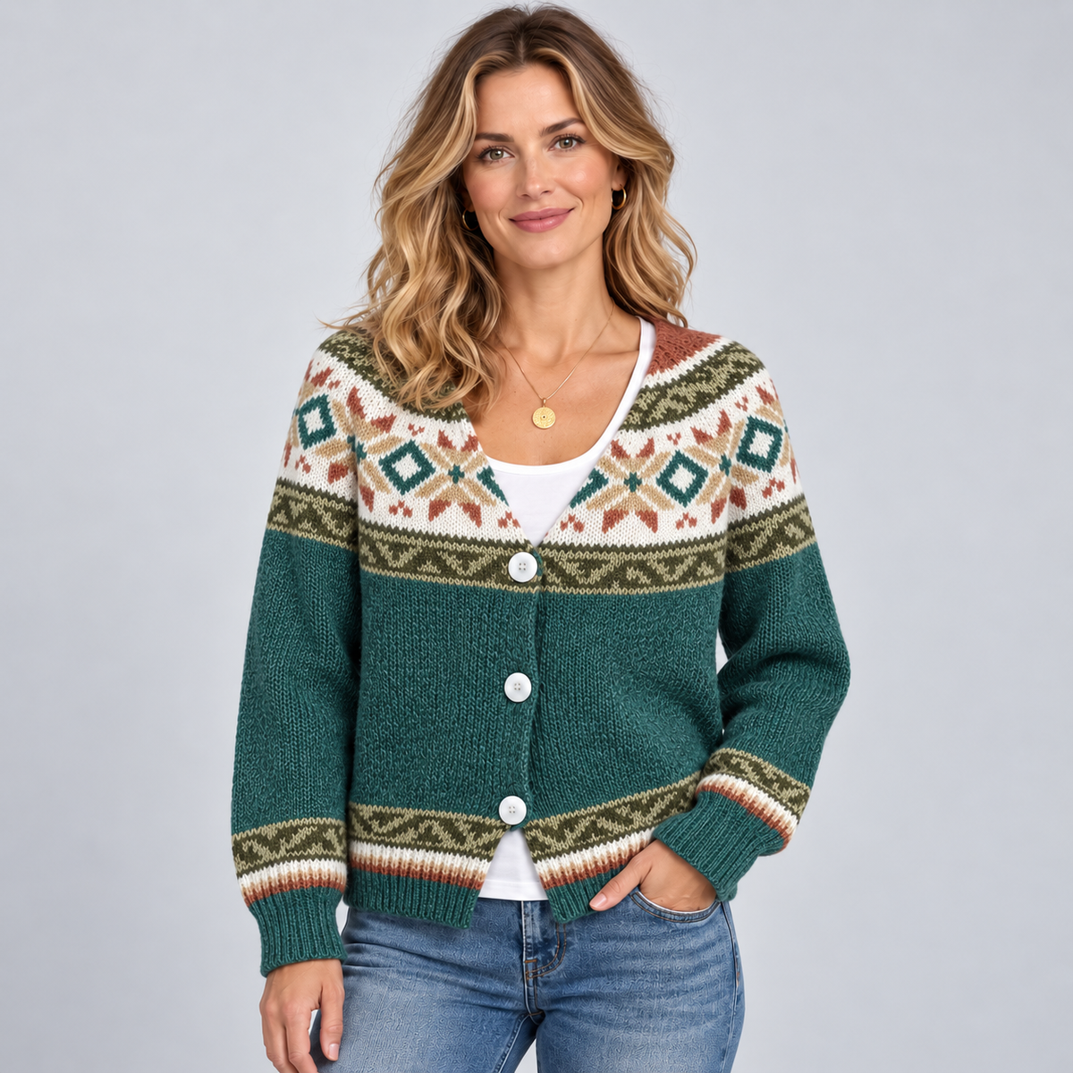Cardigan Fair Isle Print Button Front