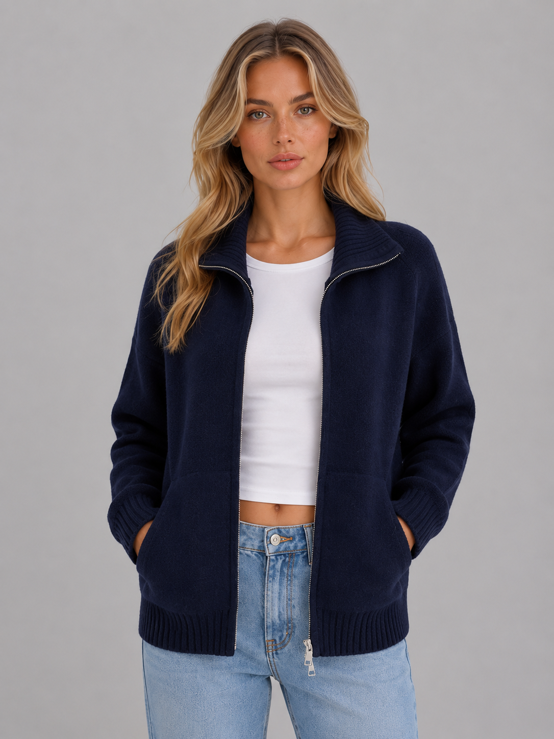 Zip Up Knitted Sweater – Soft Funnel Neck Knit Jacket