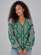 Geometric Pattern V-Neck Cardigan – Button Front Knitted Jumper