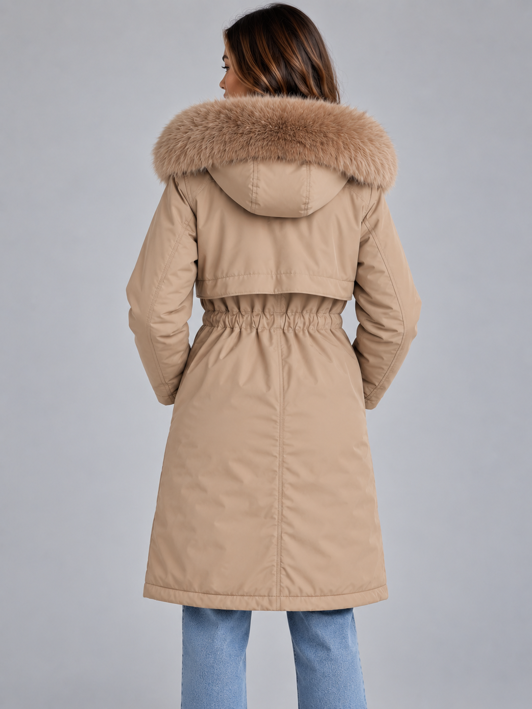 Long Hooded Winter Coat – Faux Fur Lined Drawstring Parka