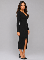 Ribbed Knitted Midi Dress – Slim Fit Button Front